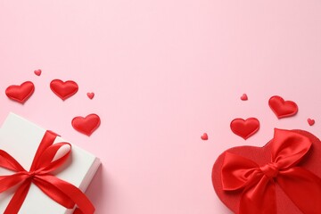 Beautiful gift boxes on color background