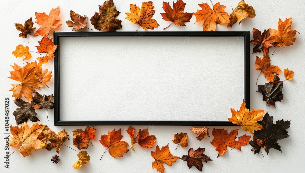 Poster rustic empty rectangular wooden frame mockup with vibrant autumn leaves arrangement on textured surf