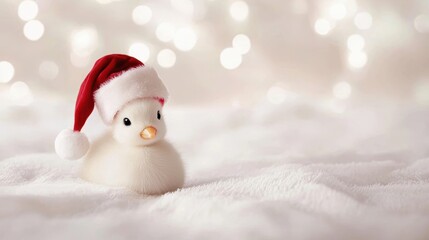 Adorable gosling wearing Santa hat on snowy Christmas backdrop
