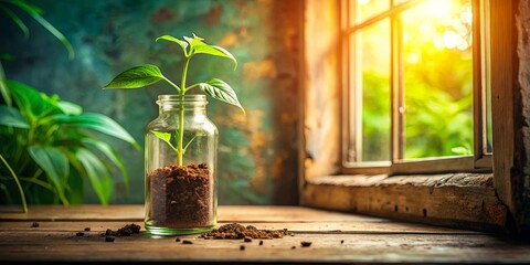 A small sprout growing in a glass jar, nestled on a rustic wooden surface, bathed in the warm glow of sunlight streaming through a weathered window