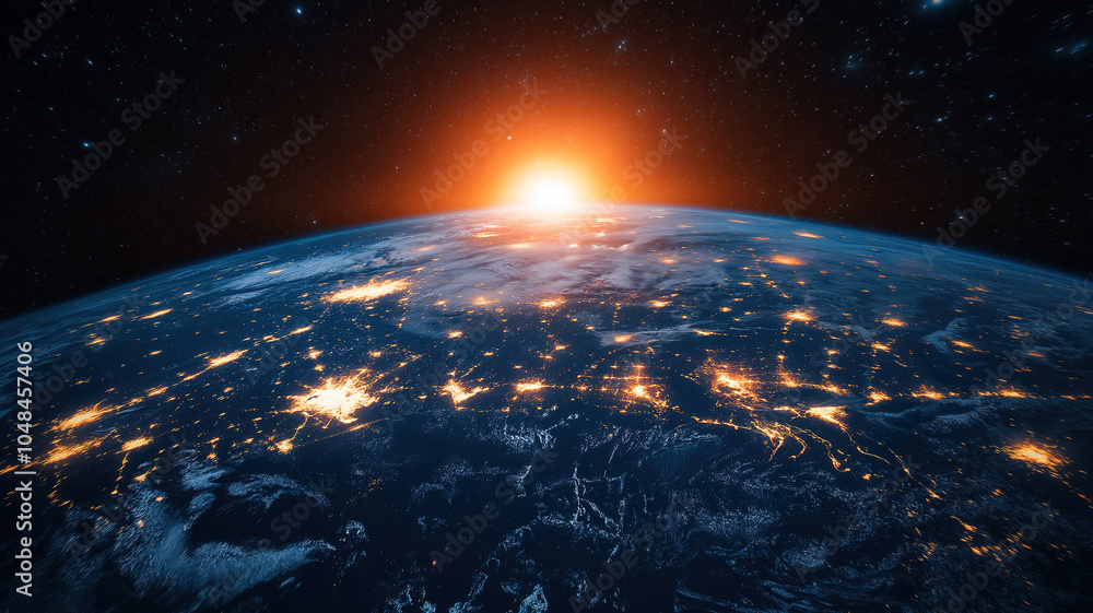 Poster stylish digitalization of earth from space with data sharing between cities