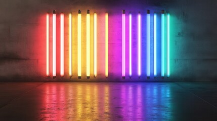 Colorful neon lights on concrete wall background. 3D Rendering