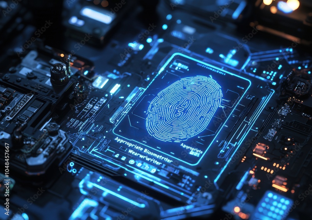 Poster futuristic biometric fingerprint scanner on electronic microchip circuit board with glowing lights a