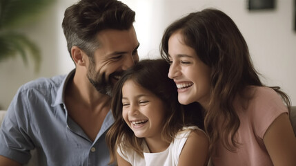 A family of three smiling at each other.