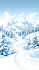 Fototapeta premium A snowy mountain landscape with a ski trail. The scene is peaceful and serene, with the snow-covered trees and mountains creating a sense of calm and tranquility