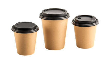 Three eco-friendly paper takeaway coffee cups with plastic lid on an isolated background