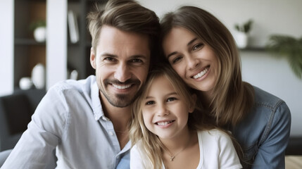 A family of three smiling at each other.