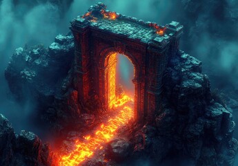 A fiery archway leading to a lava-filled landscape, evoking a sense of adventure.