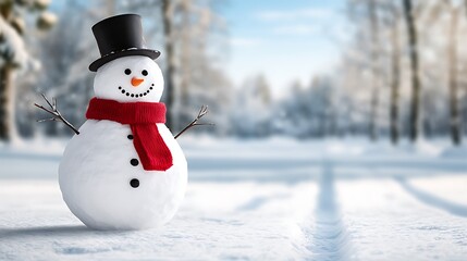 A traditional snowman with a carrot nose, coal eyes, and a red scarf standing in a peaceful snow-covered forest. Tall pine trees frame the scene, adding a natural holiday vibe.