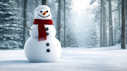 Fototapeta premium A traditional snowman with a carrot nose, coal eyes, and a red scarf standing in a peaceful snow-covered forest. Tall pine trees frame the scene, adding a natural holiday vibe.