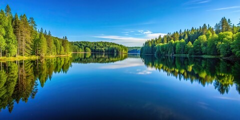 Obraz premium Tranquil forest lake reflecting trees in clear blue sky