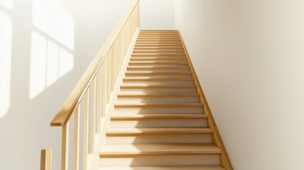 Fototapeta premium Sunlight illuminating wooden staircase in modern minimalist house
