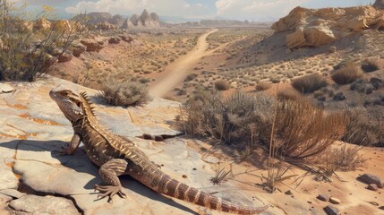 A Lizard on a Rocky Outcrop in a Desert Landscape