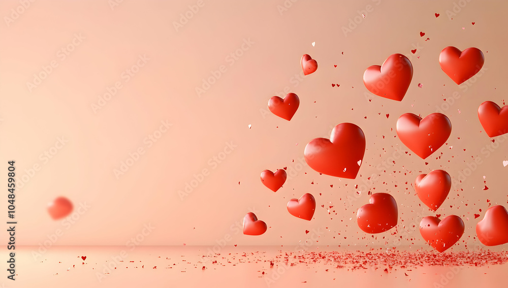 Poster 3d rendering of a valentine's day background on a peach-colored surface with red paper hearts and pl