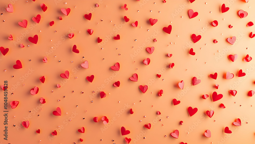 Poster 3d rendering of a valentine's day background on a peach-colored surface with red paper hearts and pl