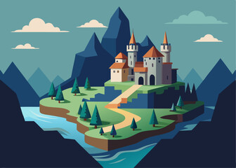 Fototapeta premium Fantasy castle with tower. Magic medieval stronghold. Fairytale kingdom architecture. Mountain palace building. Beautiful cartoon landscape. Royal house