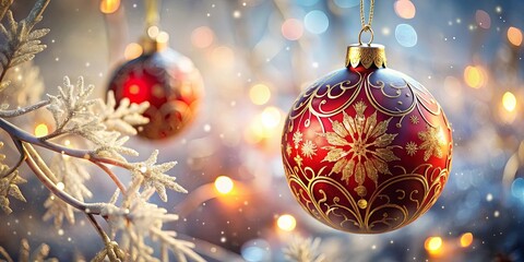 A Festive Ornament Glistens with Golden Detail Against a Softly Blurred Background of Sparkling Lights and Delicate Frosted Branches.