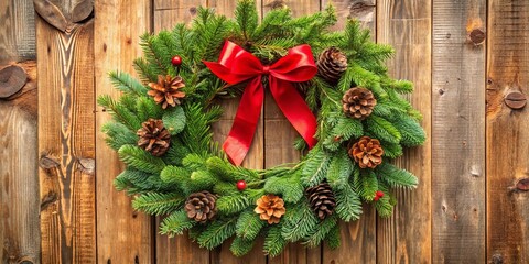 Festive Evergreen Wreath Adorned with Pine Cones and a Bold Red Bow Against a Rustic Wooden Backdrop