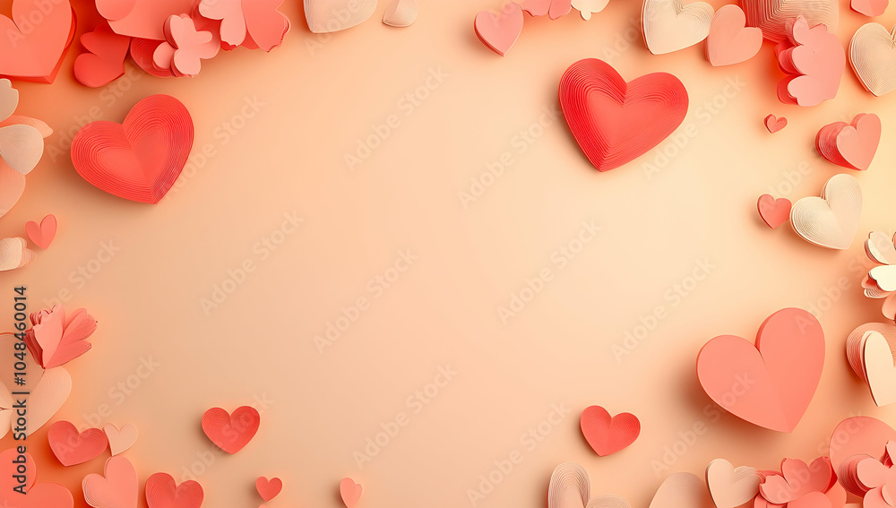 Poster 3d rendering of a valentine's day background on a peach-colored surface with red paper hearts flying
