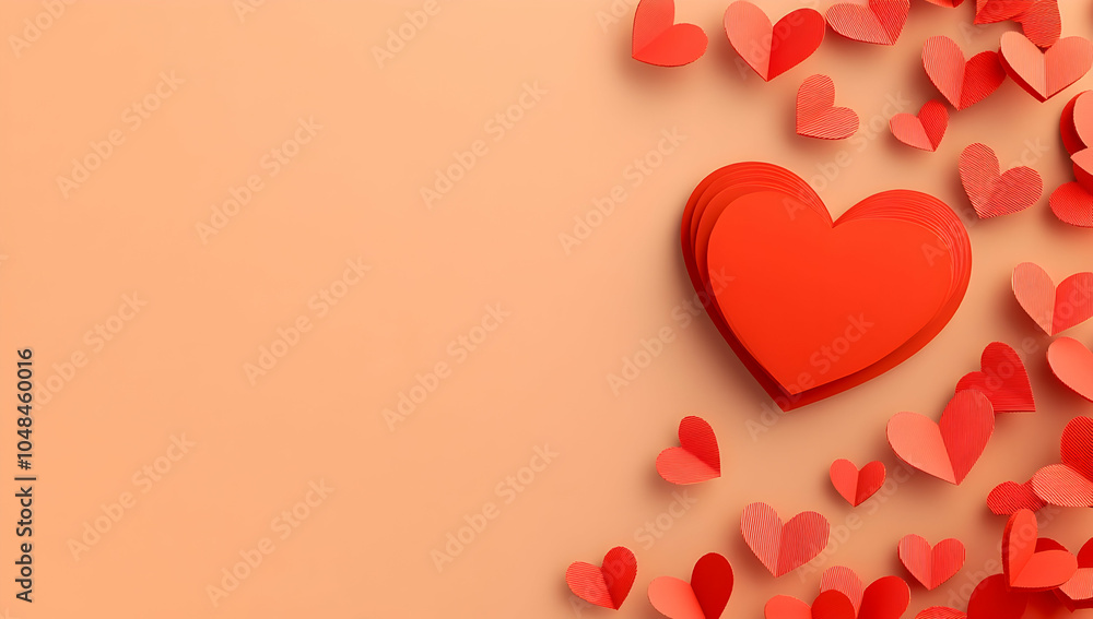 Poster 3d rendering of a valentine's day background on a peach-colored surface with red paper hearts flying