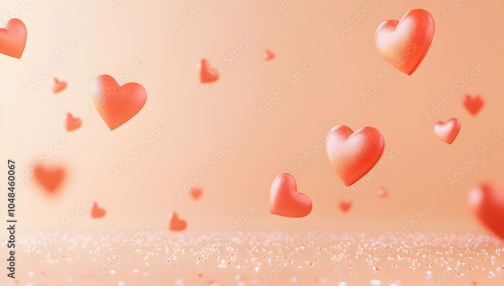 Poster 3d rendering of a valentine's day background on a peach-colored surface with red paper hearts flying