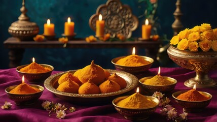 Obraz premium Traditional Indian Diwali Festival Decoration with Candles and Flowers
