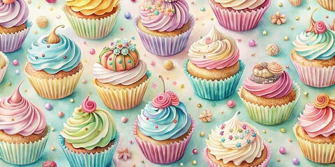A Festive Array of Delectable Cupcakes Decorated with Whimsical Toppings and Scattered with Confetti on a Light Blue Background © Kukar Studio