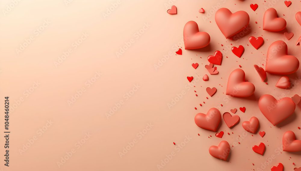 Poster 3d rendering of a valentine's day background on a peach-colored surface with a frame of red paper-cu