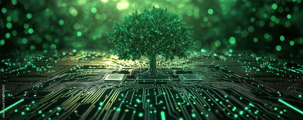 Poster digital tree of life flourishing over a futuristic circuit board, symbolizing the fusion of nature a