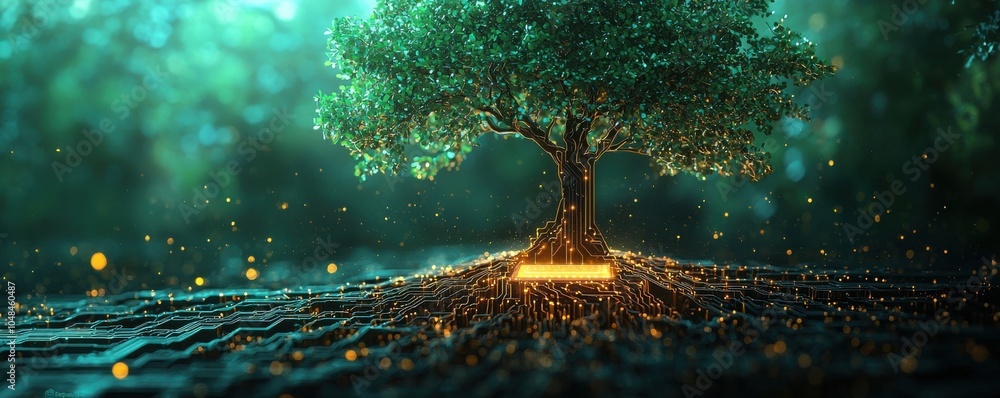 Aufkleber circuit board tree logo visualizing the concept of technology and nature integration with glowing di