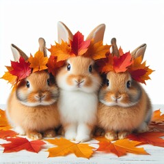 Illustration of cute rabbits with wreath of autumn leaves, fall, yellow, leaf, berries, pumpkin, scarf, sweater, cool, rain