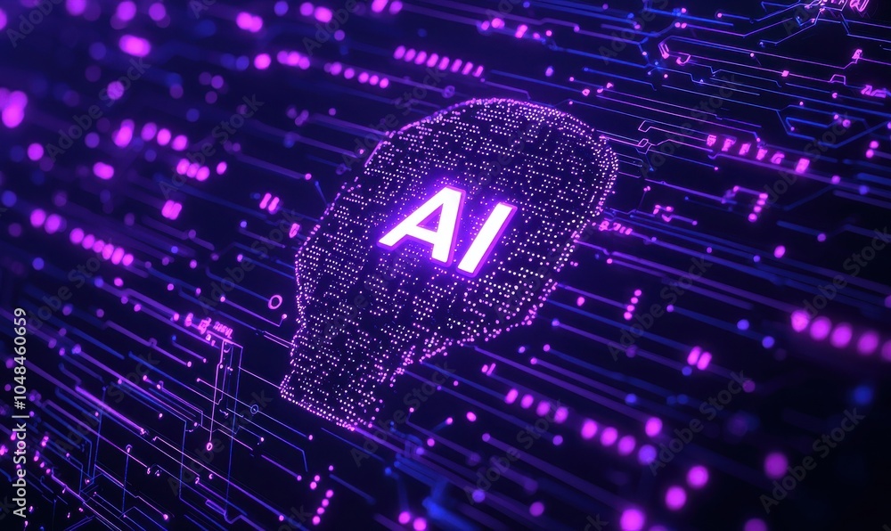 Poster futuristic concept of artificial intelligence with glowing circuit and digital head