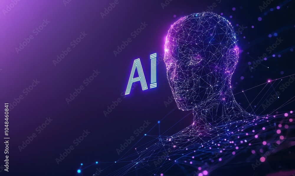 Poster futuristic ai visualization with a glowing network of neural connections in a digital human head on 