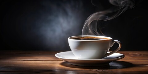 A steaming cup of coffee resting on a rustic wooden surface, a solitary moment of warmth and comfort
