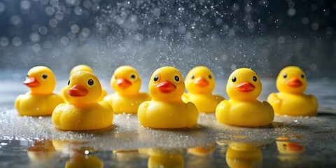 A group of yellow rubber ducks sit together, a gentle spray of water falling around them, creating a whimsical and nostalgic scene.