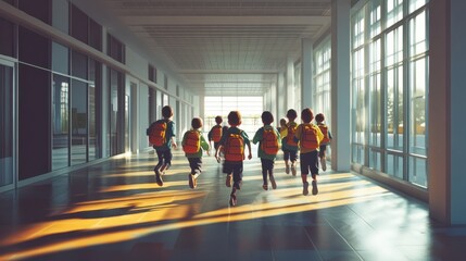 Fototapeta premium cheerful children run along the corridors of the school. back to school generative ai.