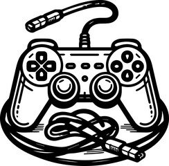 Black Line Art Gamepad Gaming Device Cable Controller Hand Drawn Illustration