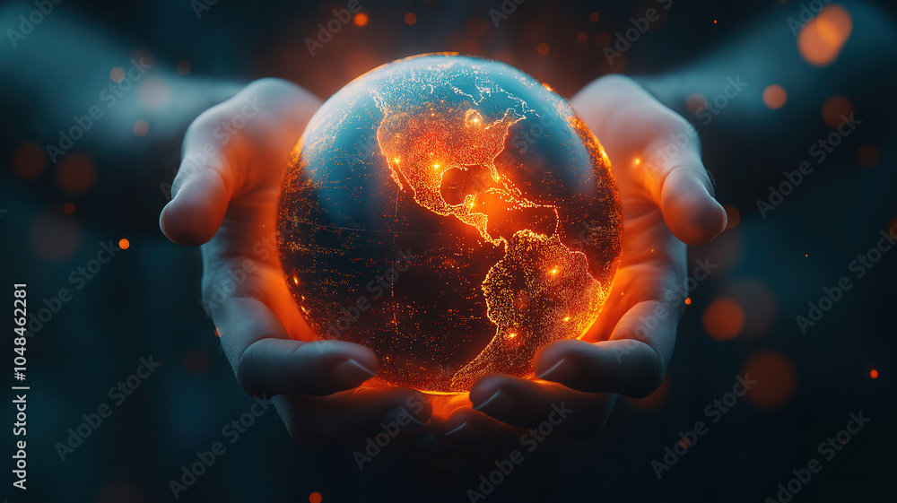 Poster stylish design featuring a circular globe of earth with luminous data visualization