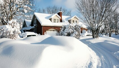 Heavy snowstorm results in snow drifts covering a suburban home and vehicles.