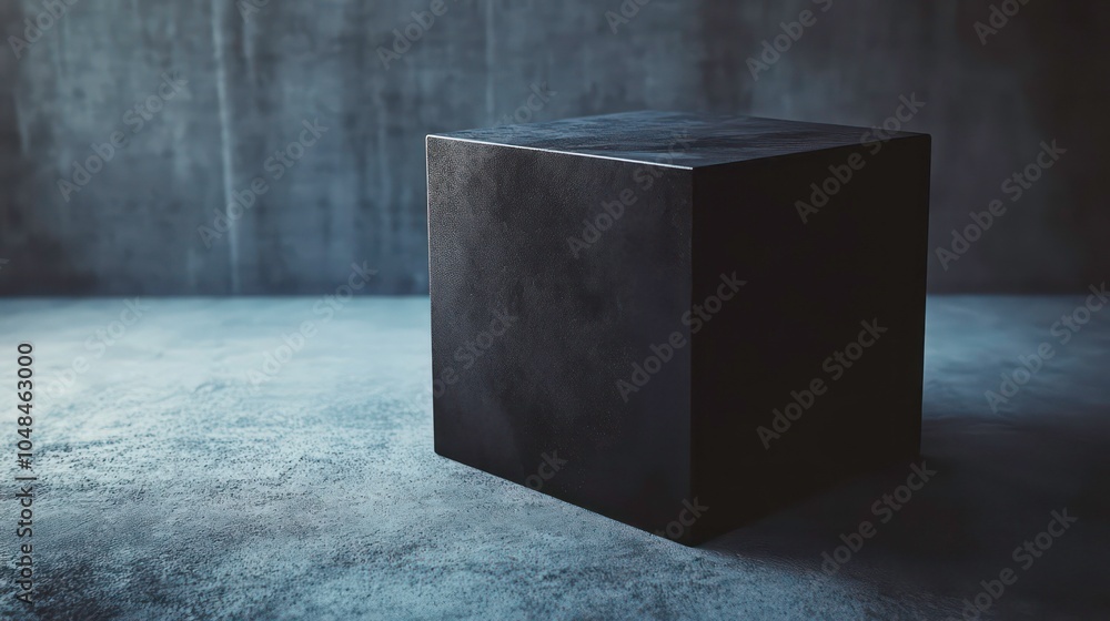 Poster a black cube sits on a concrete floor in front of a concrete wall.