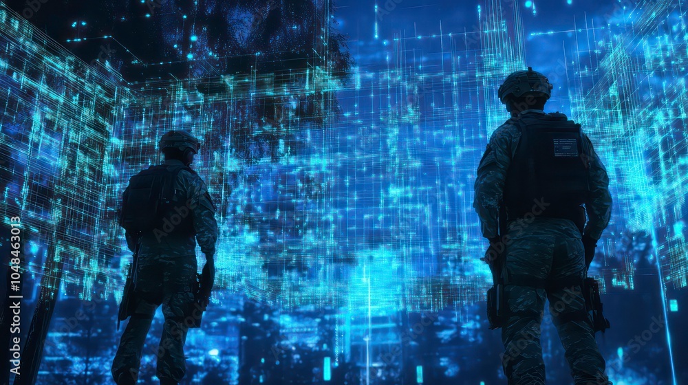 Poster Two soldiers stand in front of a large digital screen filled with data and code, symbolizing the advancement of technology in warfare.
