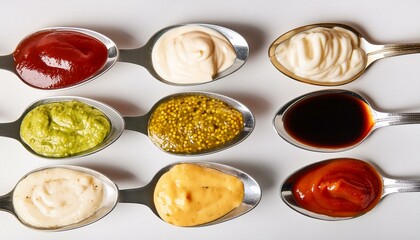 Set of different sauces in spoons isolated on white, top view