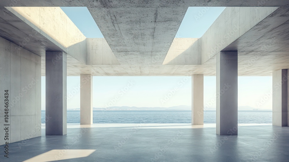 Poster modern concrete architecture with an open view of the ocean and sky.