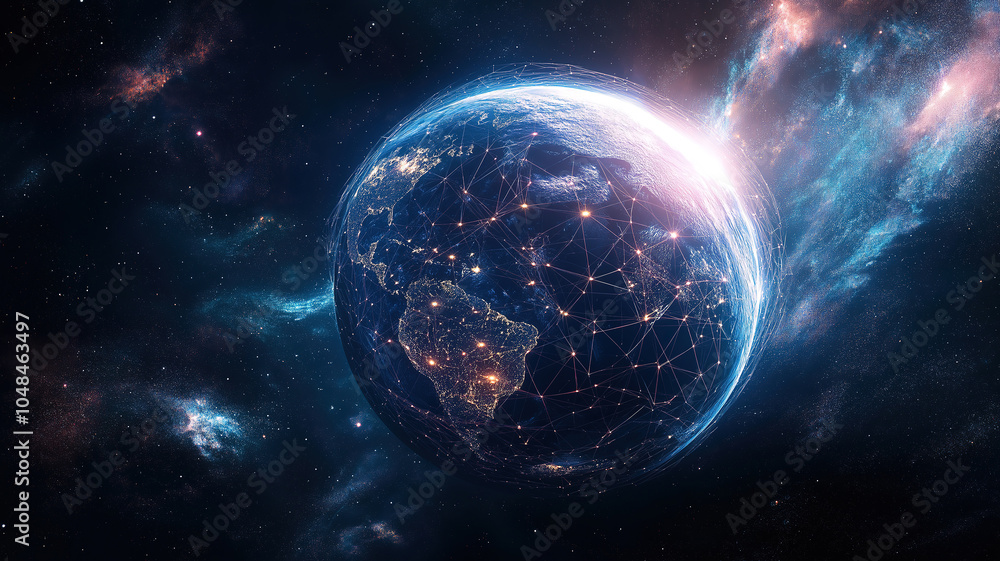 Poster stylish design highlighting the integration of space technology with earth's network connections