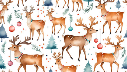 Colorful reindeer pattern with festive decorations on white background