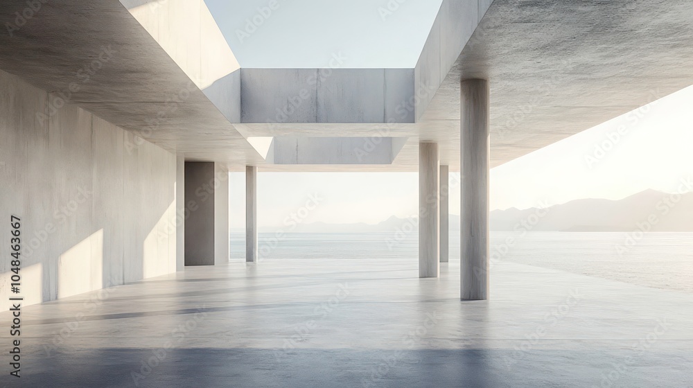 Poster minimalist concrete architecture overlooking the ocean with a view of mountains in the distance.