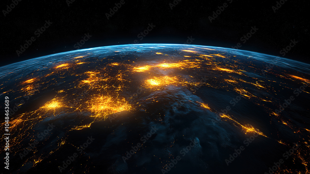 Poster stylish representation of a global network illuminated from space demonstrating connectivity