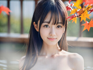紅葉の温泉露天風呂に入浴中の若い女性	