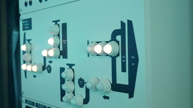 Power cabinet where industrial equipment controls are located, and lamps signal which units are currently operating. Shot in motion