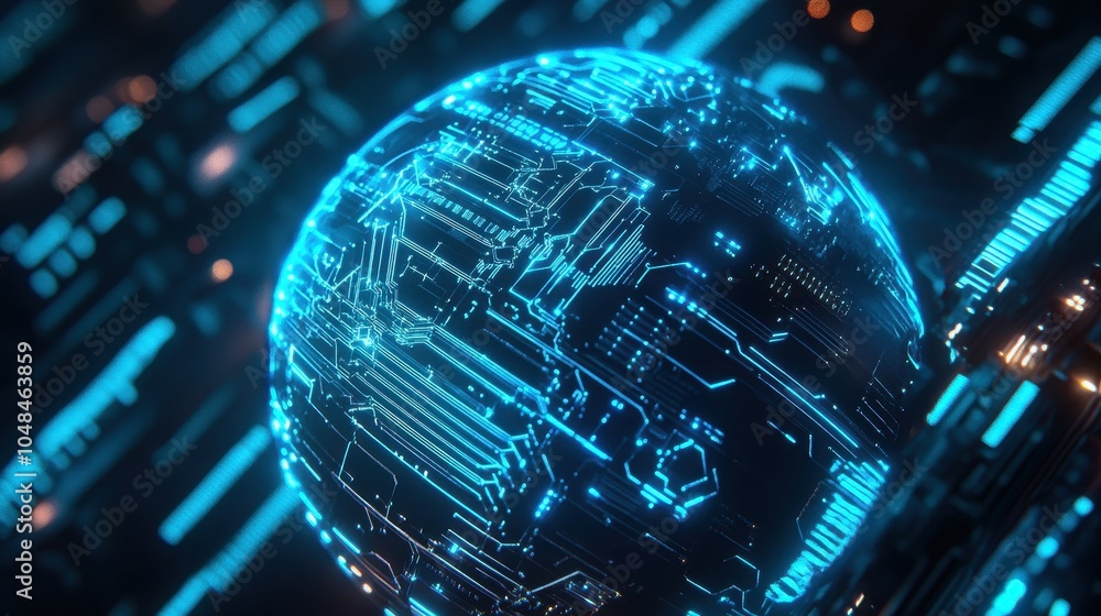 Poster a glowing blue circuit board forming a globe, symbolizing global data transmission and futuristic te